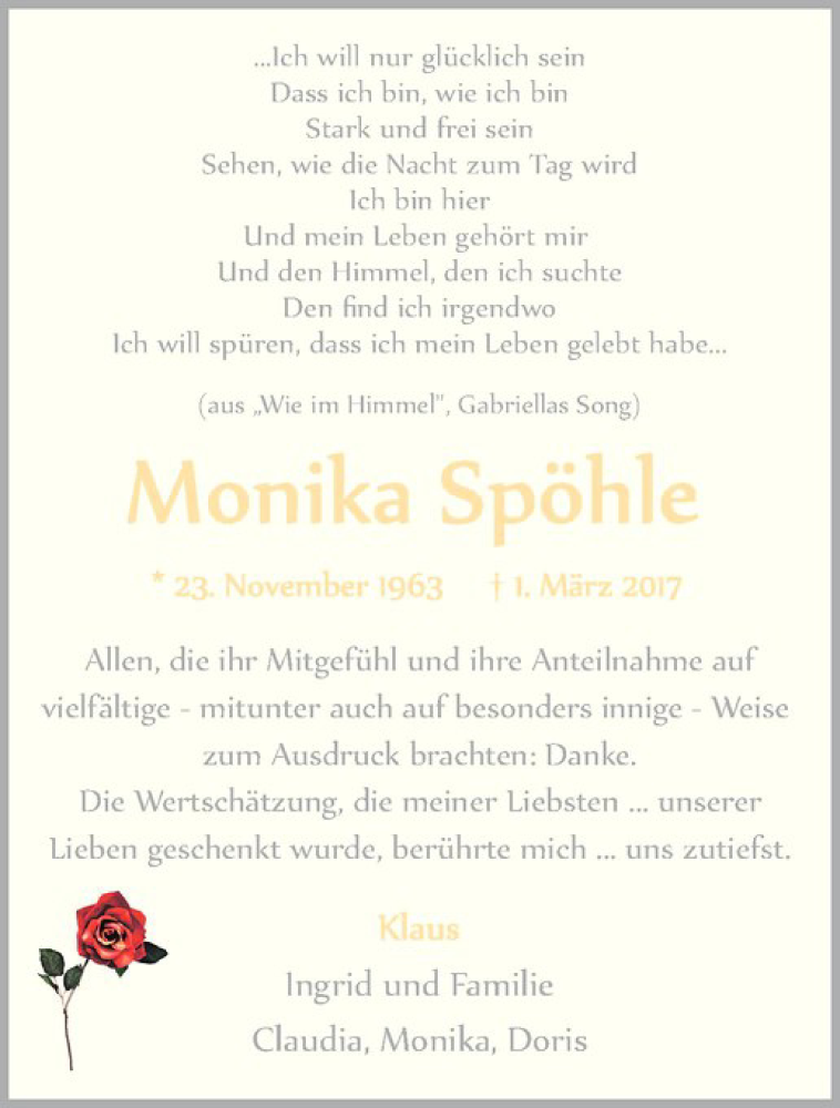  Traueranzeige für Monika Spöhle vom 14.04.2017 aus Westfälische Nachrichten