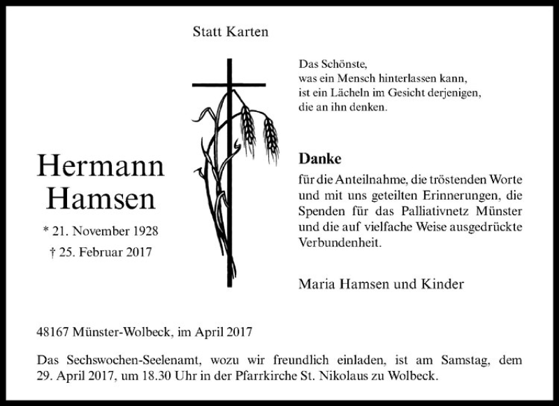  Traueranzeige für Hermann Hamsen vom 22.04.2017 aus Westfälische Nachrichten