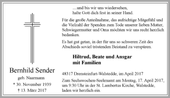 Anzeige von Bernhild Sender von Westfälische Nachrichten