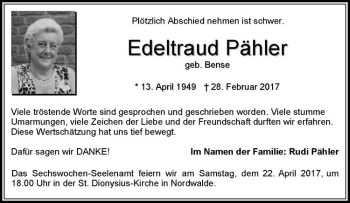 Anzeige von Edeltraud Pähler von Westfälische Nachrichten