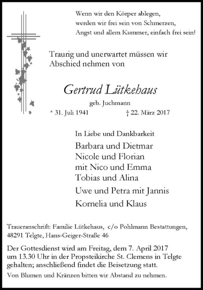  Traueranzeige für Gertrud Lütkehaus vom 01.04.2017 aus Westfälische Nachrichten
