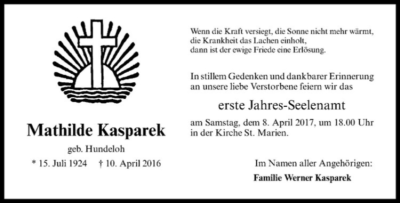 Traueranzeige für Mathilde Kasparek vom 05.04.2017 aus Westfälische Nachrichten