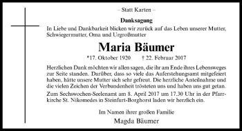 Anzeige von Maria Bäumer von Westfälische Nachrichten