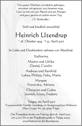 Anzeige von Heinrich Utendrup von Westfälische Nachrichten
