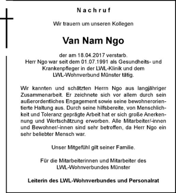 Anzeige von Van Nam Ngo von Westfälische Nachrichten