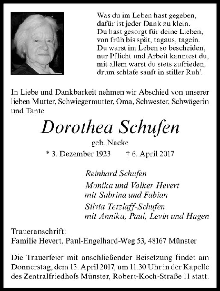  Traueranzeige für Dorothea Schufen vom 08.04.2017 aus Westfälische Nachrichten