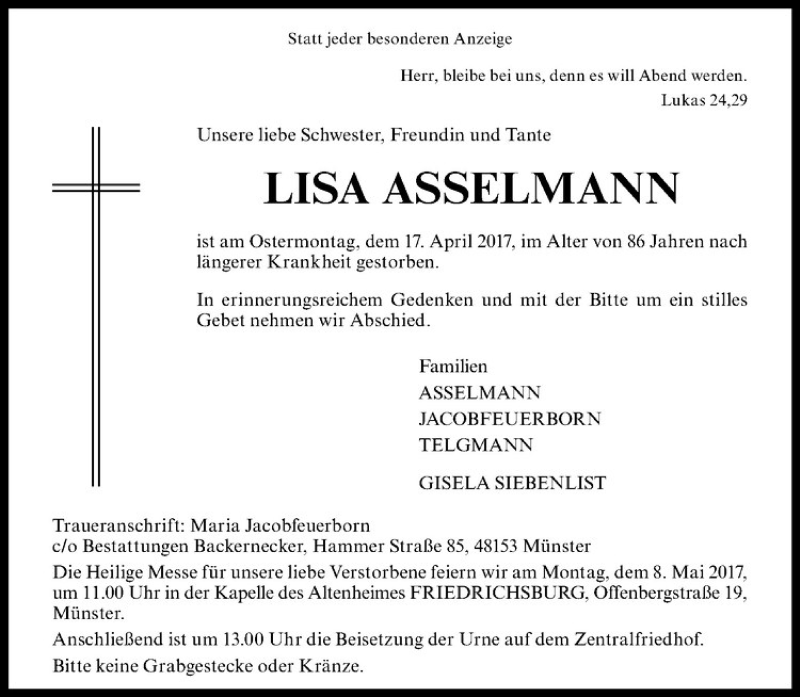  Traueranzeige für Lisa Asselmann vom 29.04.2017 aus Westfälische Nachrichten