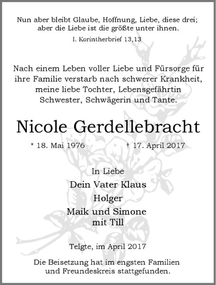  Traueranzeige für Nicole Gerdellebracht vom 29.04.2017 aus Westfälische Nachrichten