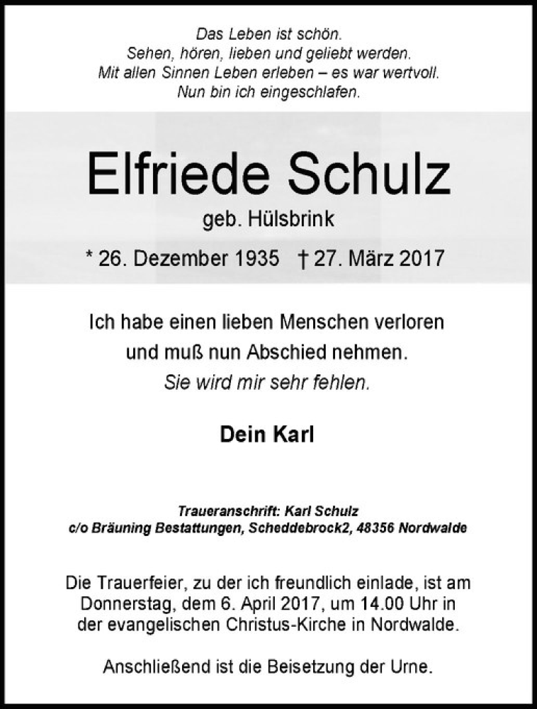  Traueranzeige für Elfriede Schulz vom 05.04.2017 aus Westfälische Nachrichten