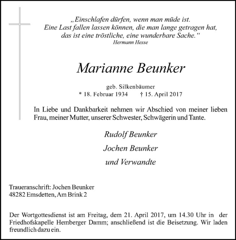  Traueranzeige für Marianne Beunker vom 19.04.2017 aus Westfälische Nachrichten