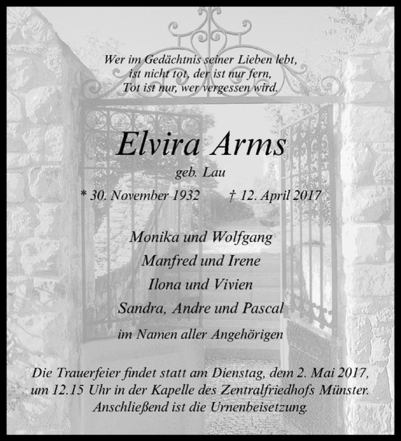  Traueranzeige für Elvira Arms vom 29.04.2017 aus Westfälische Nachrichten