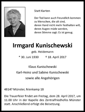 Anzeige von Irmgard Kunischewski von Westfälische Nachrichten