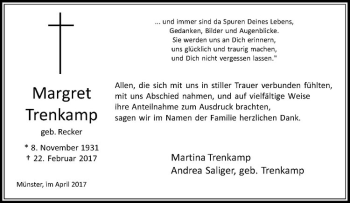 Anzeige von Margret Trenkamp von Westfälische Nachrichten