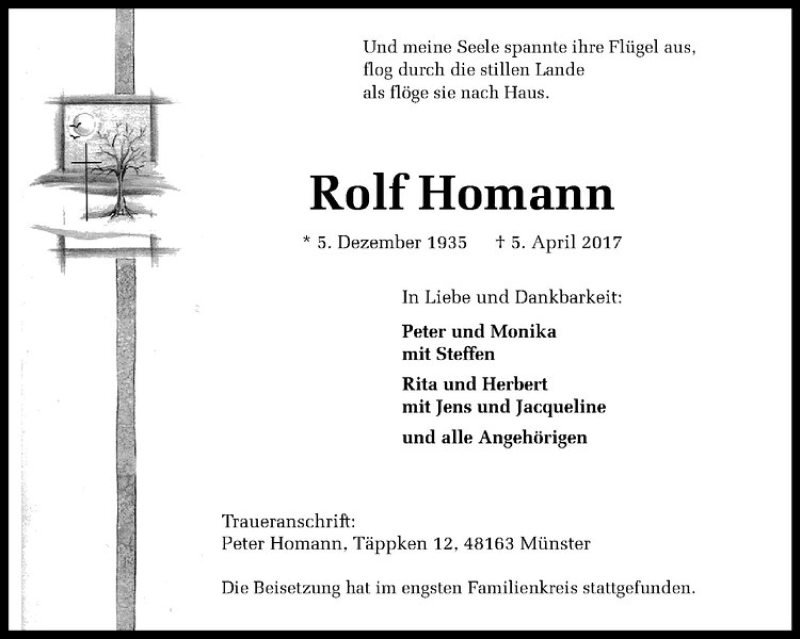 Traueranzeige für Rolf Homann vom 14.04.2017 aus Westfälische Nachrichten