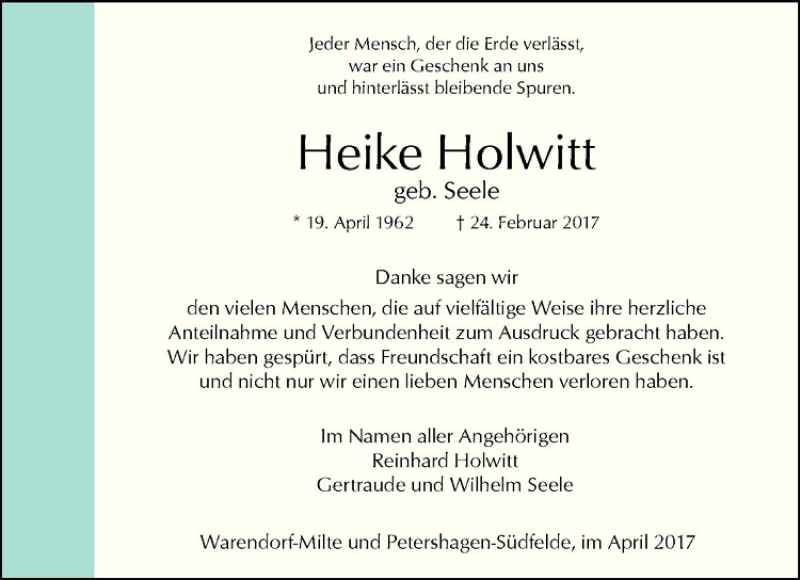  Traueranzeige für Heike Holwitt vom 22.04.2017 aus Westfälische Nachrichten