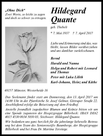 Anzeige von Hildegard Quante von Westfälische Nachrichten