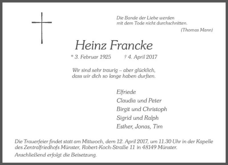  Traueranzeige für Heinz Francke vom 08.04.2017 aus Westfälische Nachrichten