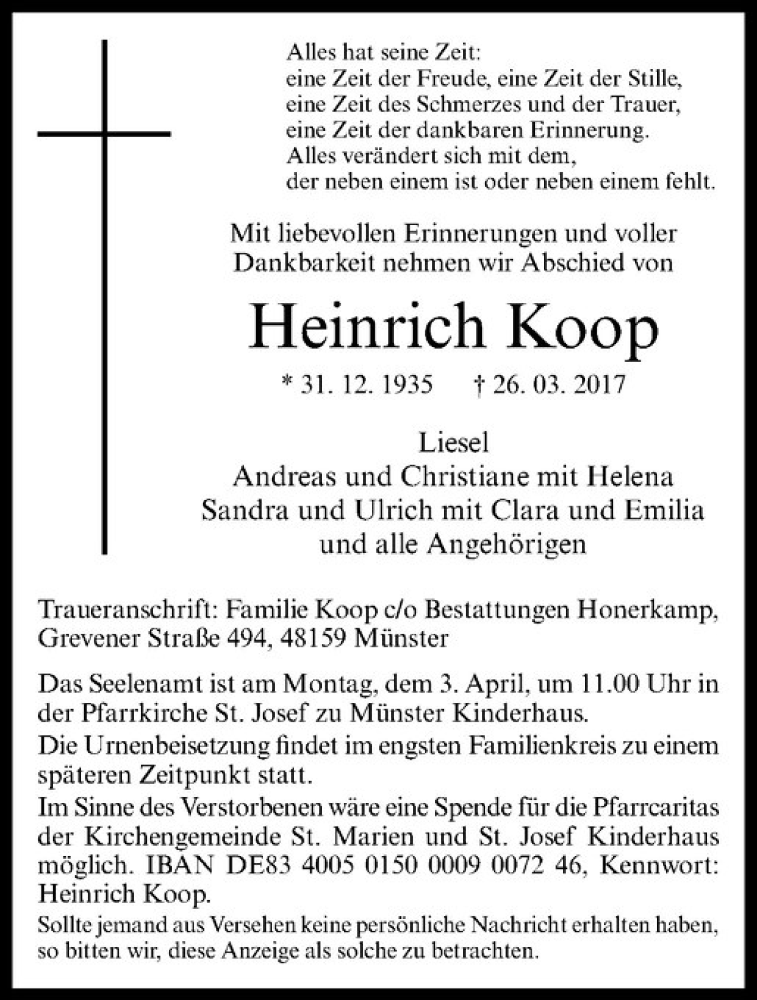  Traueranzeige für Heinrich Koop vom 01.04.2017 aus Westfälische Nachrichten