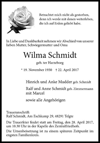 Anzeige von Wilma Schmidt von Westfälische Nachrichten