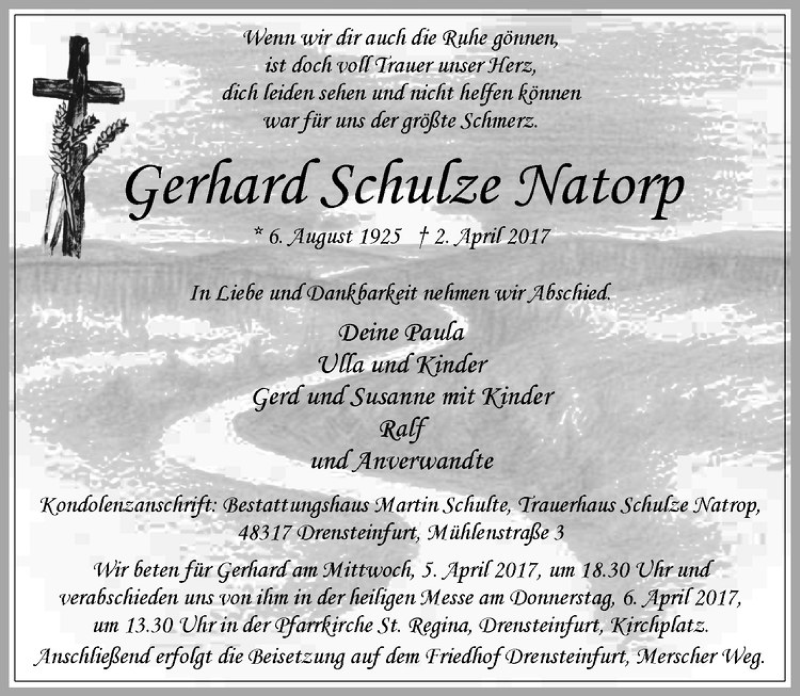  Traueranzeige für Gerhard Schulze Natorp vom 04.04.2017 aus Westfälische Nachrichten
