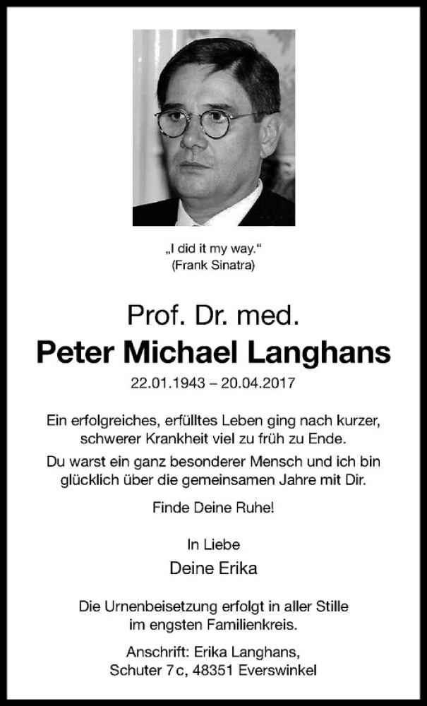  Traueranzeige für Peter Michael Langhans vom 22.04.2017 aus Westfälische Nachrichten