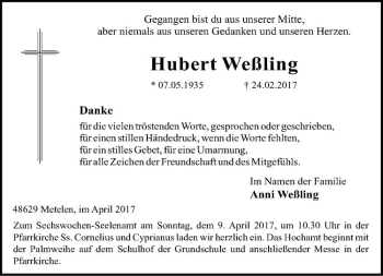 Anzeige von Hubert Weßling von Westfälische Nachrichten