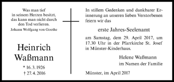 Anzeige von Heinrich Waßmann von Westfälische Nachrichten