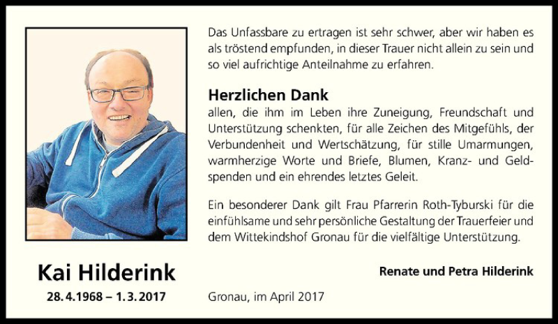  Traueranzeige für Kai Hilderink vom 14.04.2017 aus Westfälische Nachrichten