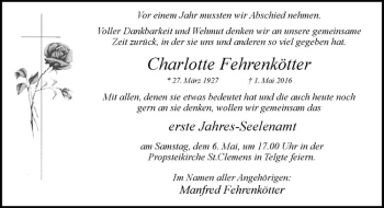 Anzeige von Charlotte Fehrenkötter von Westfälische Nachrichten