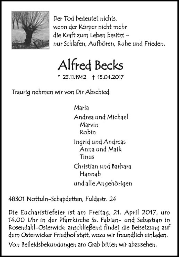  Traueranzeige für Alfred Becks vom 19.04.2017 aus Westfälische Nachrichten