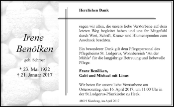 Anzeige von Irene Benölken von Westfälische Nachrichten