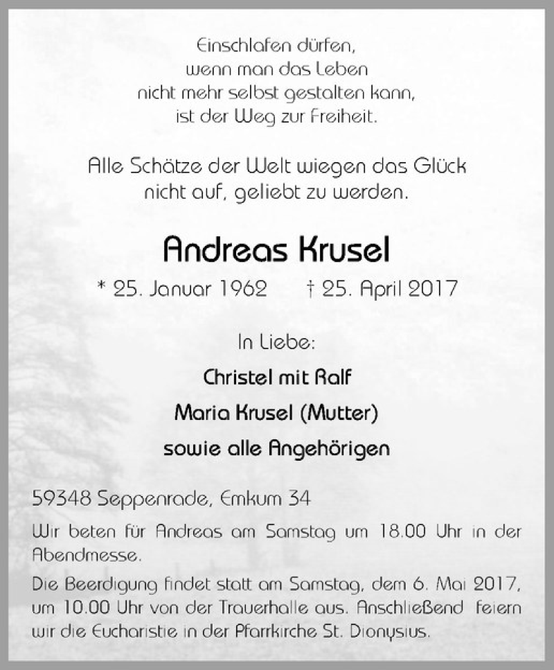 Traueranzeige für Andreas Krusel vom 28.04.2017 aus Westfälische Nachrichten