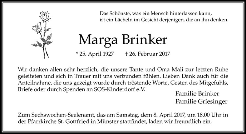  Traueranzeige für Marga Brinker vom 01.04.2017 aus Westfälische Nachrichten