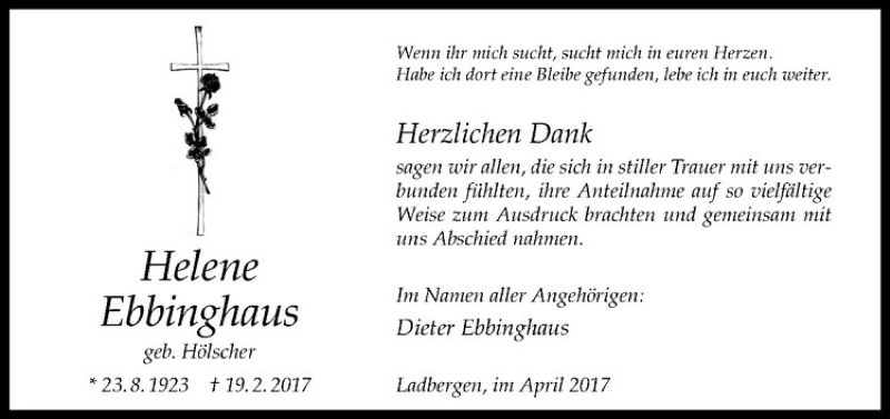  Traueranzeige für Helene Ebbinghaus vom 08.04.2017 aus Westfälische Nachrichten
