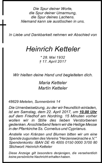 Anzeige von Heinrich Ketteler von Westfälische Nachrichten