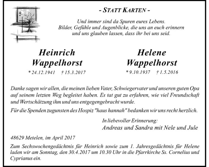  Traueranzeige für Heinrich Wappelhorst vom 27.04.2017 aus Westfälische Nachrichten