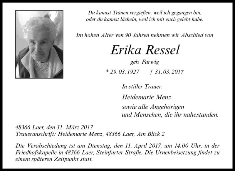  Traueranzeige für Erika Ressel vom 08.04.2017 aus Westfälische Nachrichten