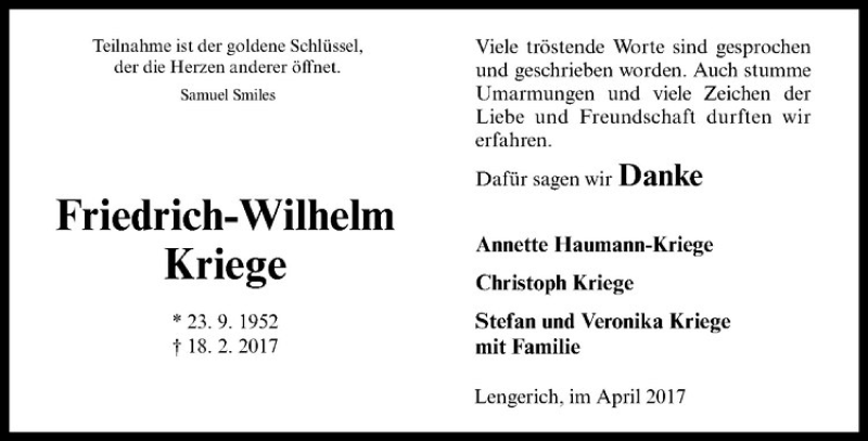  Traueranzeige für   vom 19.04.2017 aus Westfälische Nachrichten