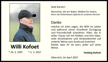 Anzeige von Willi Kofoet von Westfälische Nachrichten