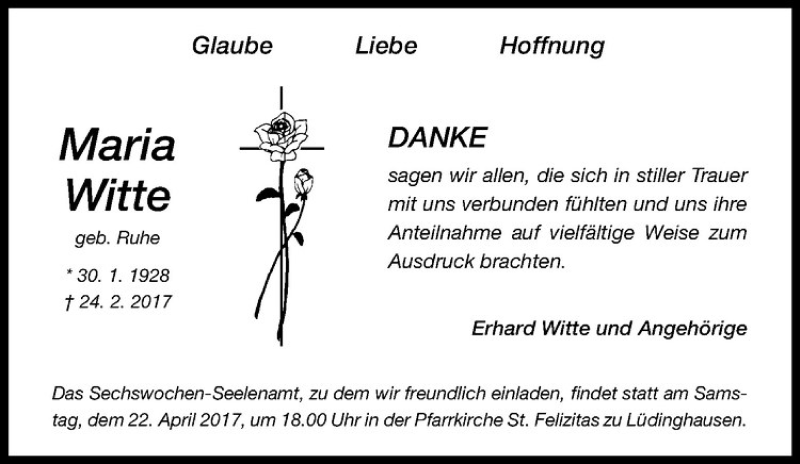  Traueranzeige für Maria Witte vom 14.04.2017 aus Westfälische Nachrichten