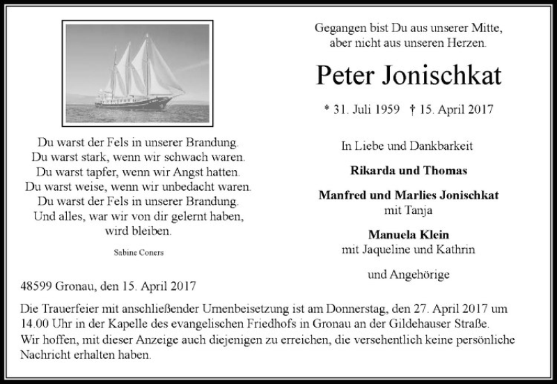  Traueranzeige für Peter Jonischkat vom 22.04.2017 aus Westfälische Nachrichten