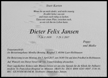 Anzeige von Dieter Felix Jansen von Westfälische Nachrichten