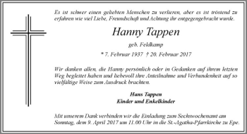 Anzeige von Hanny Tappen von Westfälische Nachrichten