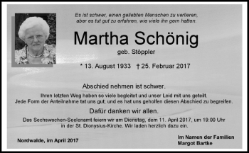 Anzeige von Martha Schönig von Westfälische Nachrichten