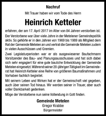 Anzeige von Heinrich Ketteler von Westfälische Nachrichten