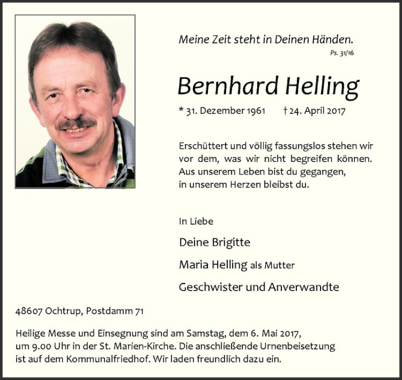  Traueranzeige für Bernhard Helling vom 27.04.2017 aus Westfälische Nachrichten