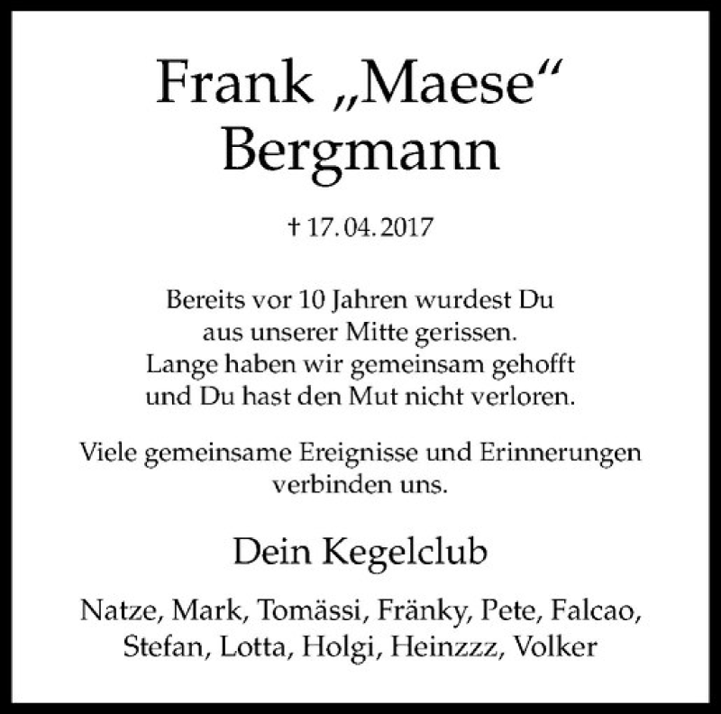  Traueranzeige für Frank Bergmann vom 19.04.2017 aus Westfälische Nachrichten