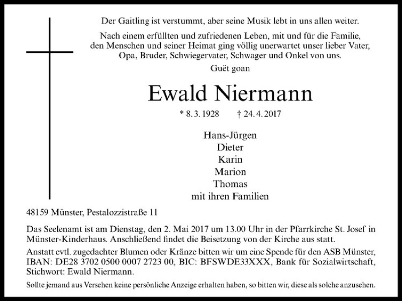  Traueranzeige für Ewald Niermann vom 28.04.2017 aus Westfälische Nachrichten