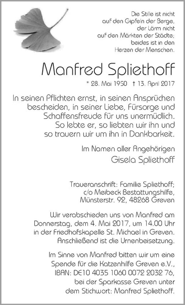  Traueranzeige für Manfred Spliethoff vom 25.04.2017 aus Westfälische Nachrichten