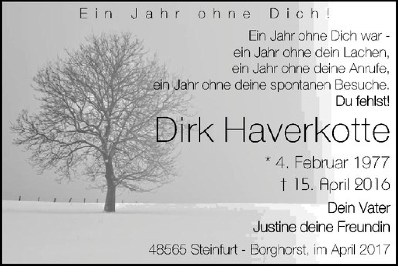  Traueranzeige für Dirk Haverkotte vom 22.04.2017 aus Westfälische Nachrichten